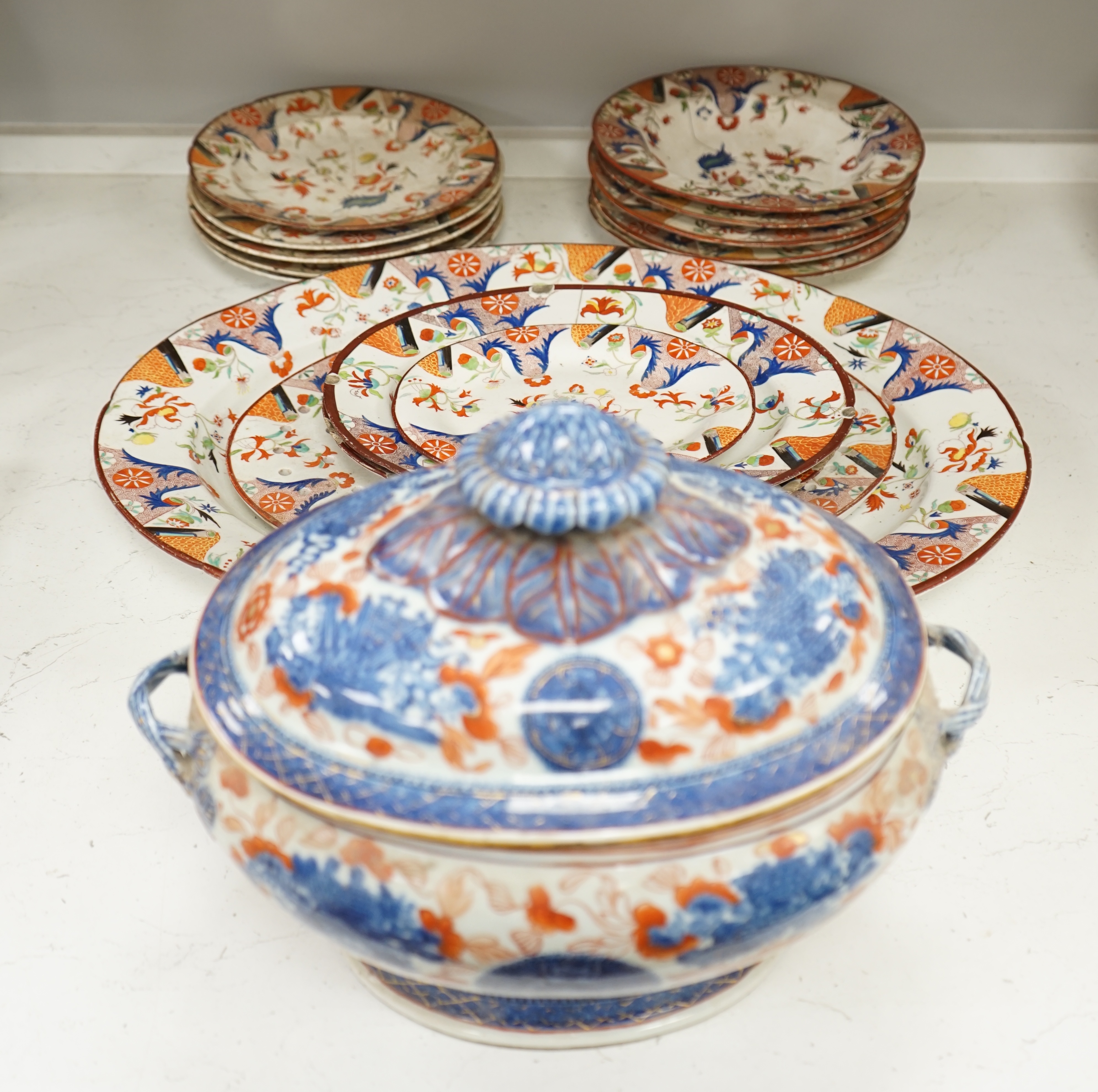 A Chinese export Imari pattern tureen and cover, Qianlong period, collection of Victorian plates and dishes together with an Imari pattern tureen and cover